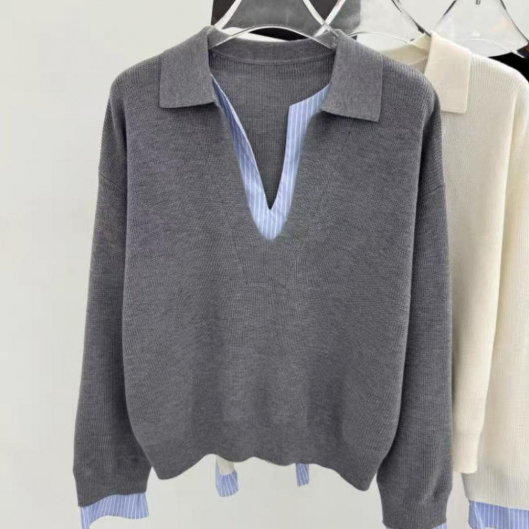 设计感百搭假两件撞色拼接条纹针织衫女早秋显瘦长袖上衣