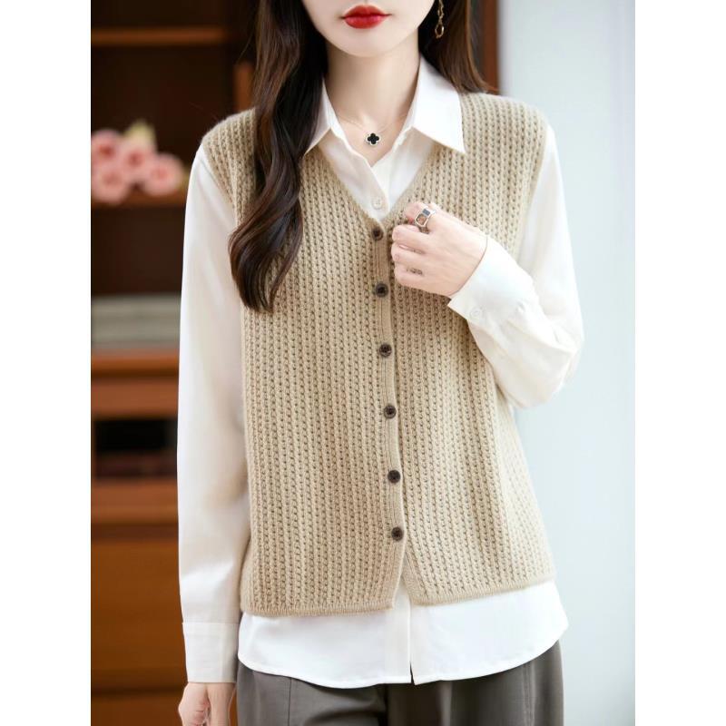 【100纯羊毛】秋季新款V领马甲镂空纯羊毛针织衫上衣NJR089