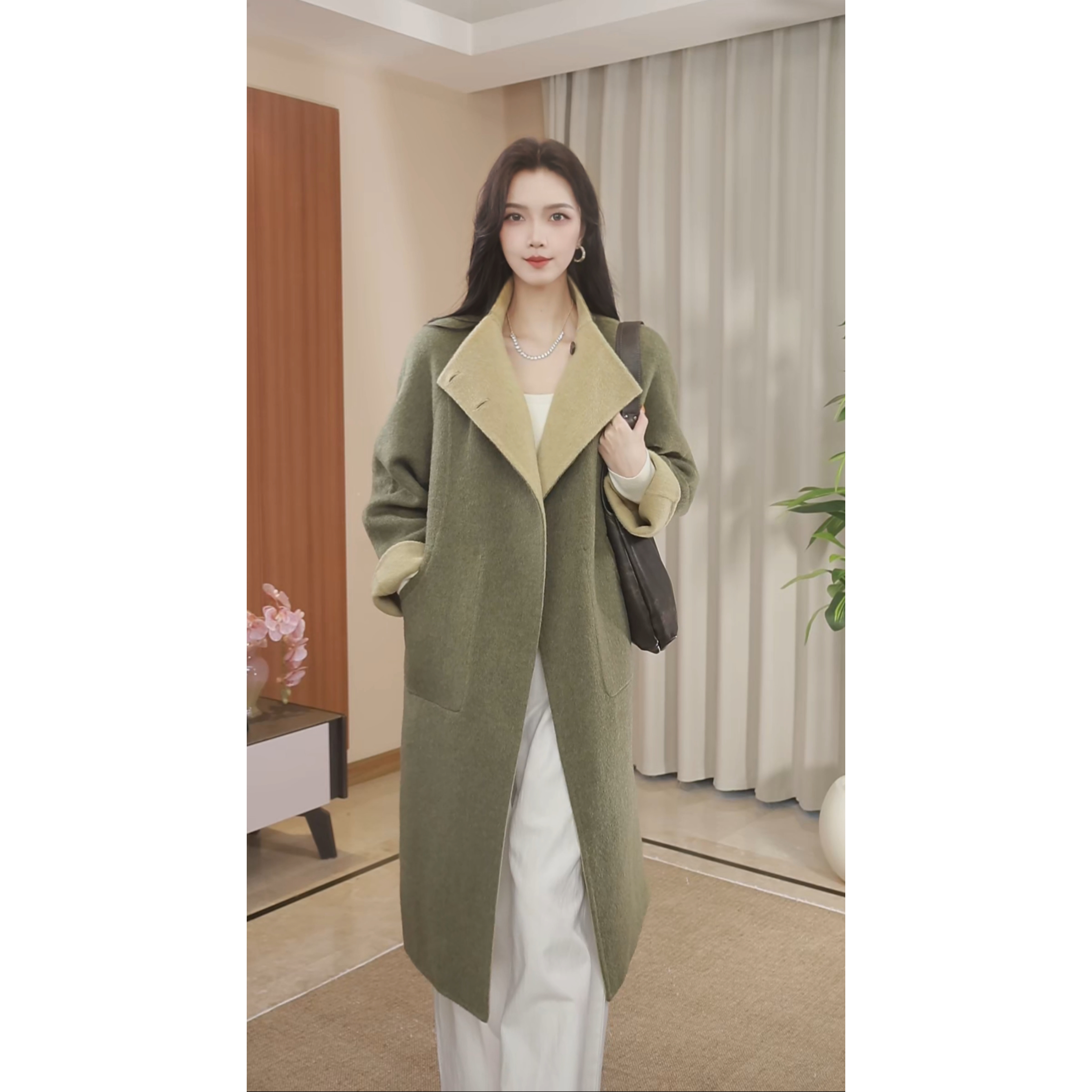 2025秋冬双面双穿宽松韩版长款气质羊毛大衣9088