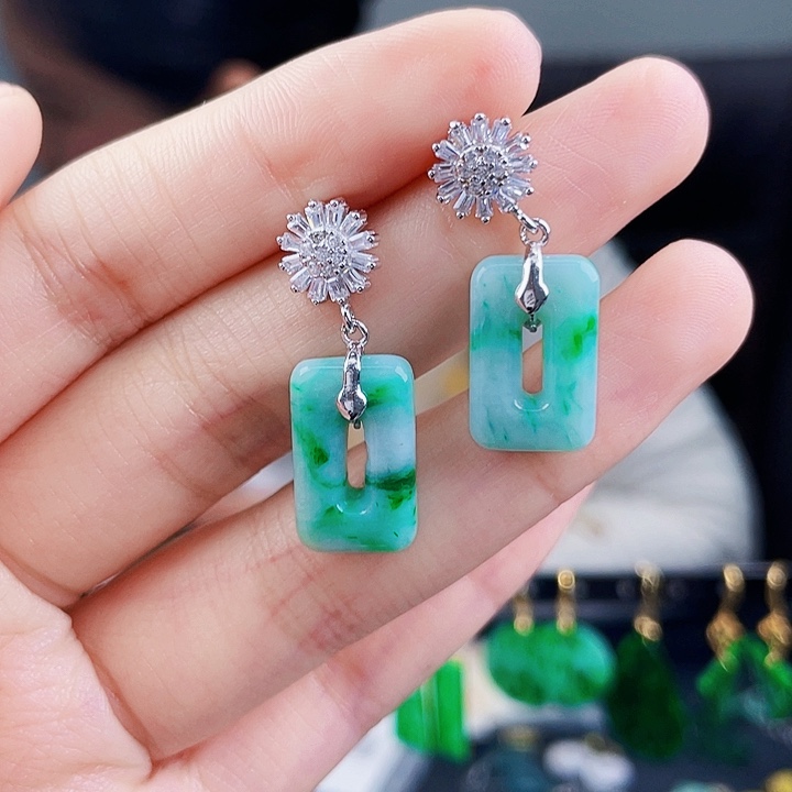 翡翠耳饰银S925镶嵌饰品