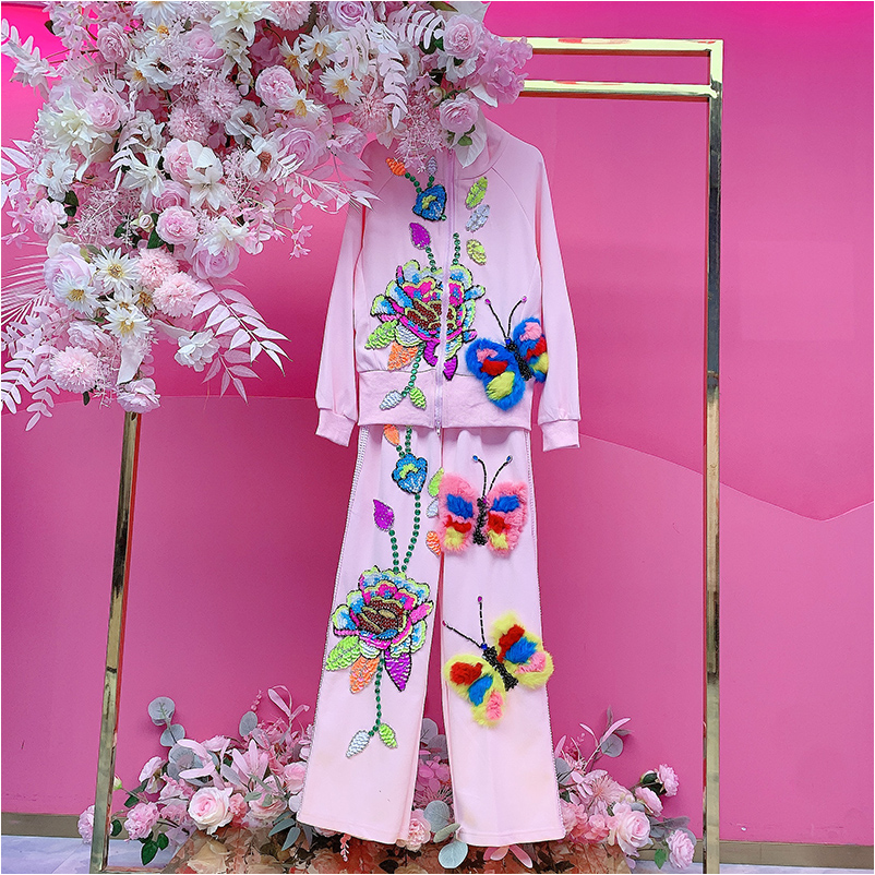 QD1540欧美设计师2025冬季新款重工钉钻刺绣花朵蝴蝶套装女