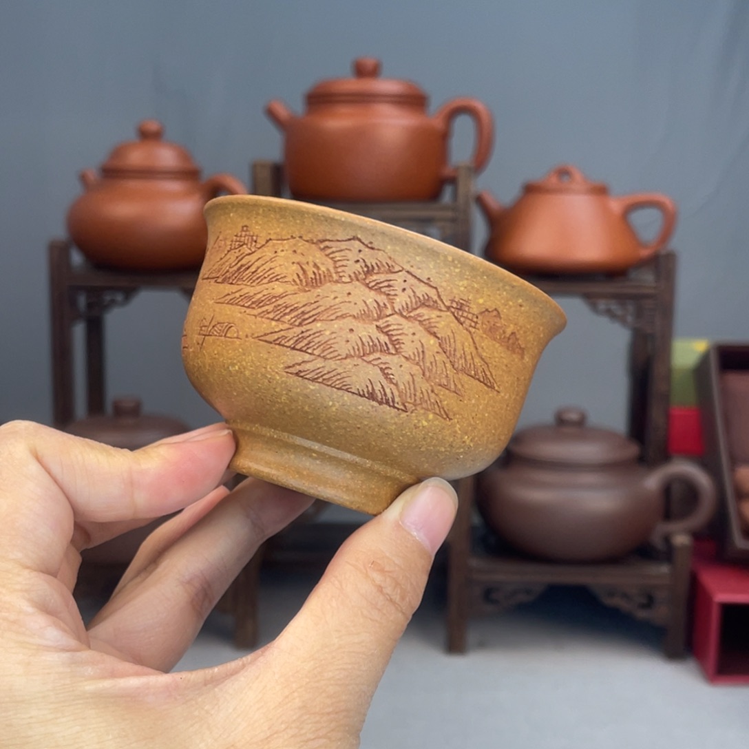 茶杯紫砂梨皮黄段 刻绘杯