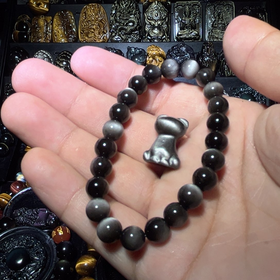 未镶嵌黑曜岩手链ℳ***℘天然银曜石8m双面圆眼配小猫咪
