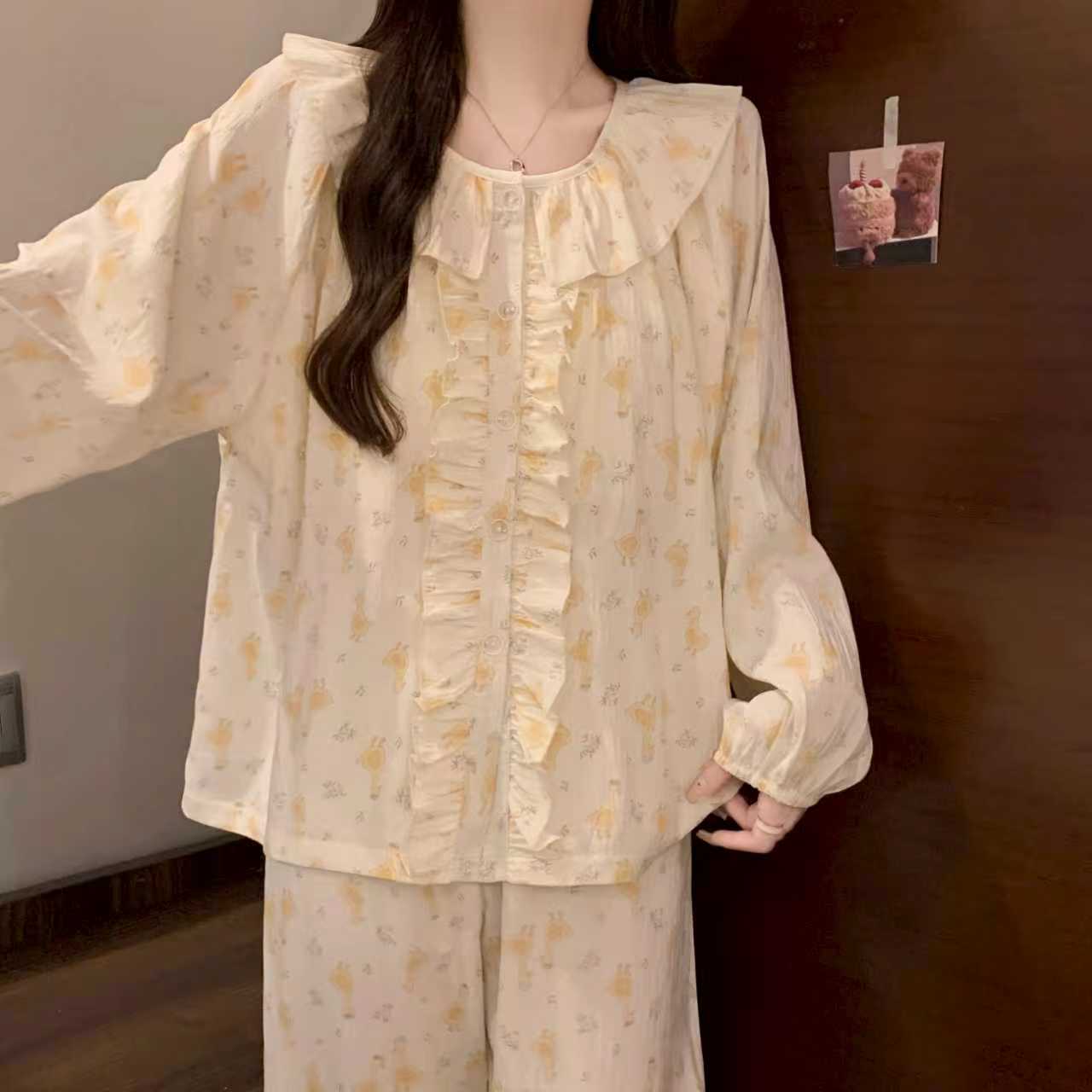 女士春季满印小黄鸭带胸垫开衫家居服套装