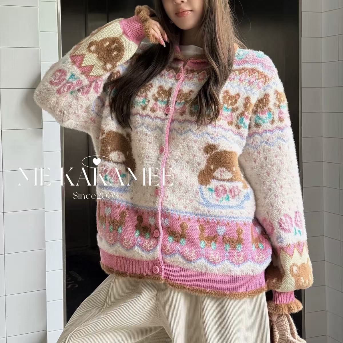 粉色小熊卡通毛绒上衣毛衣可爱卡通印花ins少女风