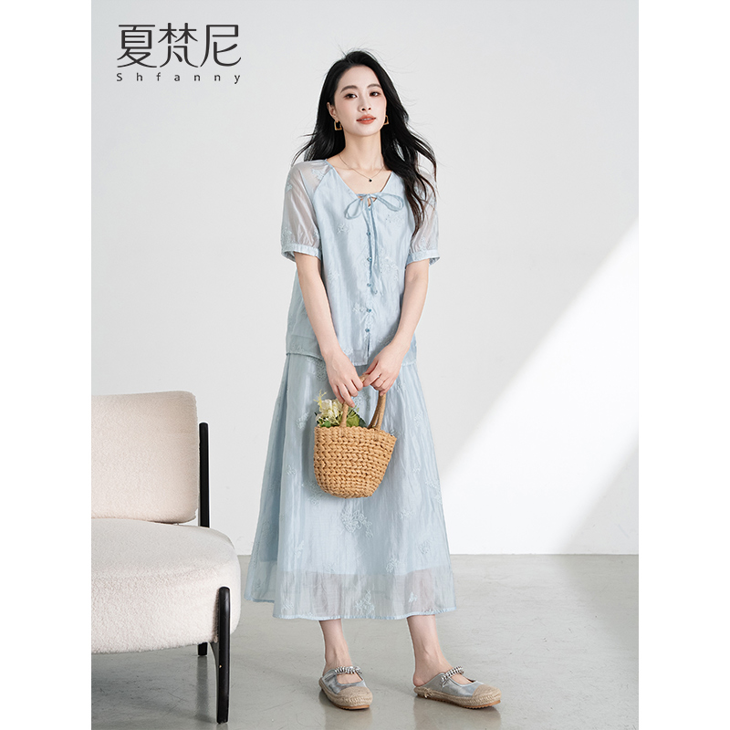 夏梵尼拾翠江南2025年夏季新款刺绣天丝系带宽松上衣松紧腰套装