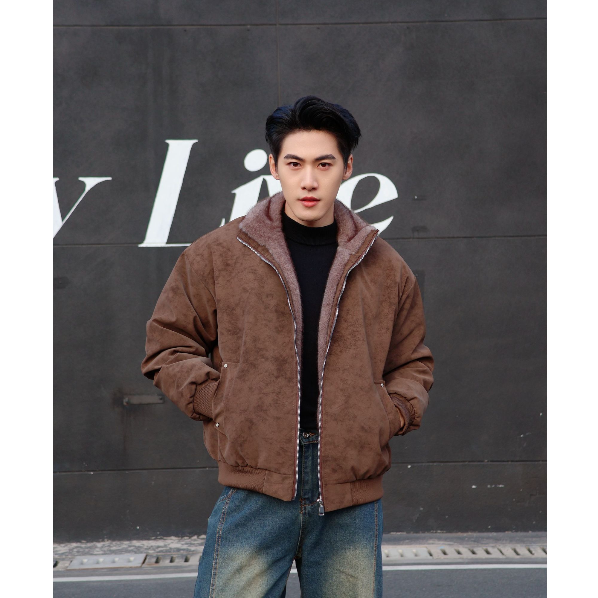 【99percent】美式立领座山雕棉服男冬季加绒保暖pu皮防寒外套