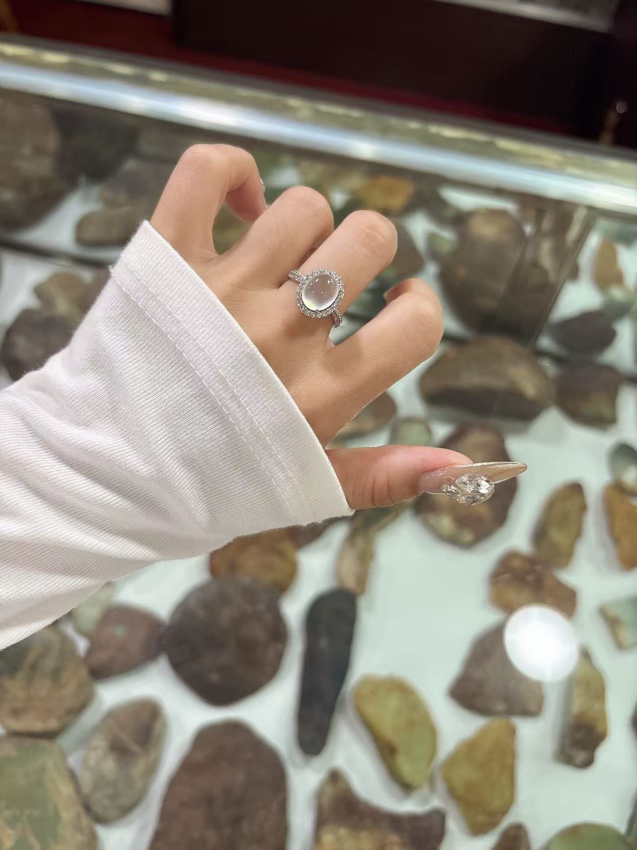 岫玉高冰女简约欧美百搭首饰活口银戒通用原创设计时尚可调节