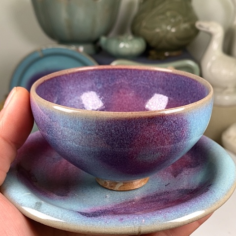 盘墨**画钧窑盏托一套