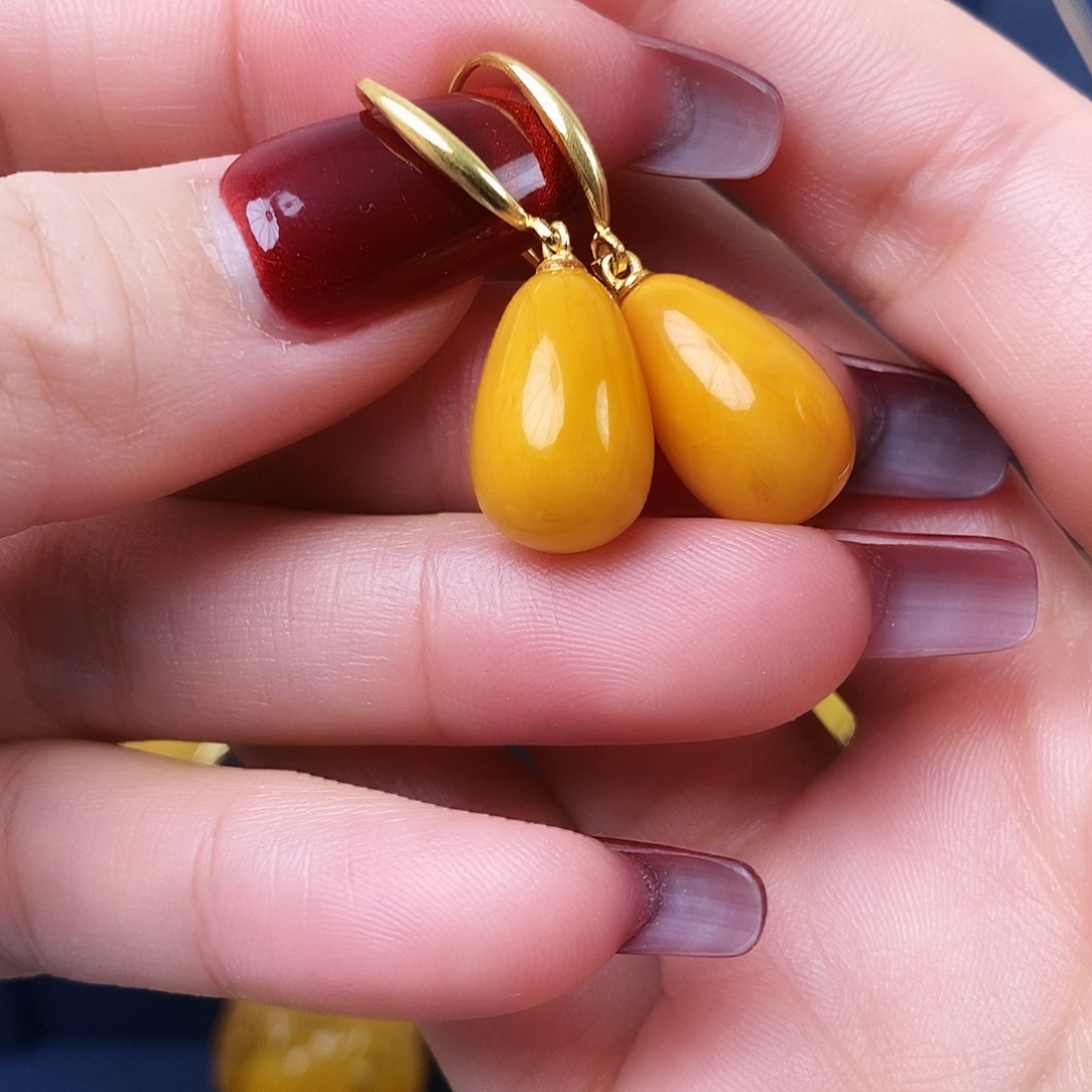 蜜蜡银S925镀金镶嵌耳饰