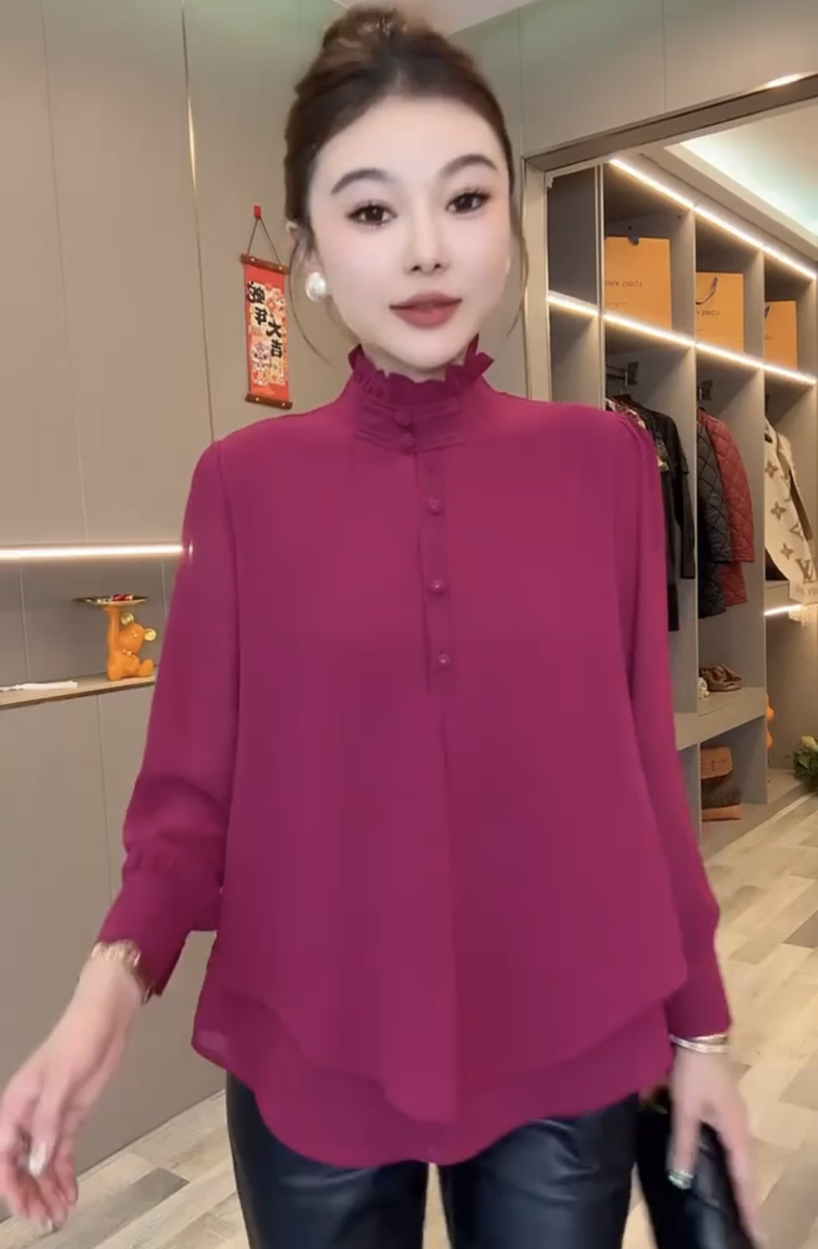 法式优雅时尚立领长袖衬衫宽松单件上衣