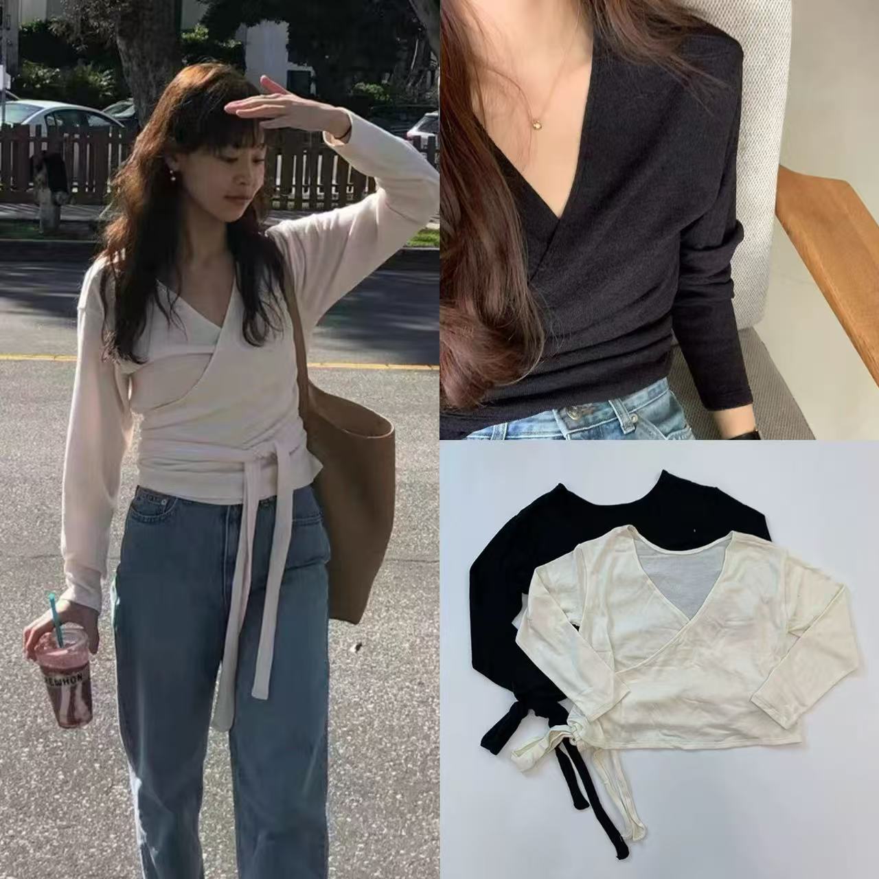 韩国 oun*e 一片式V领系带长袖针织开衫  