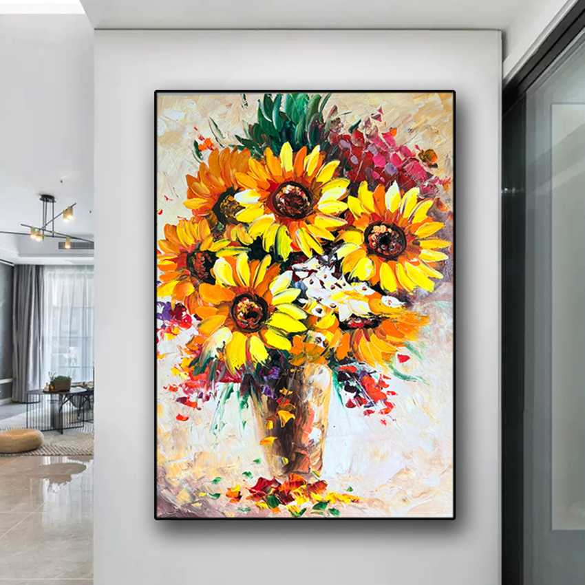 印象派肌理纯手绘油画入户进门玄关装饰画向日葵客厅挂画正对门口