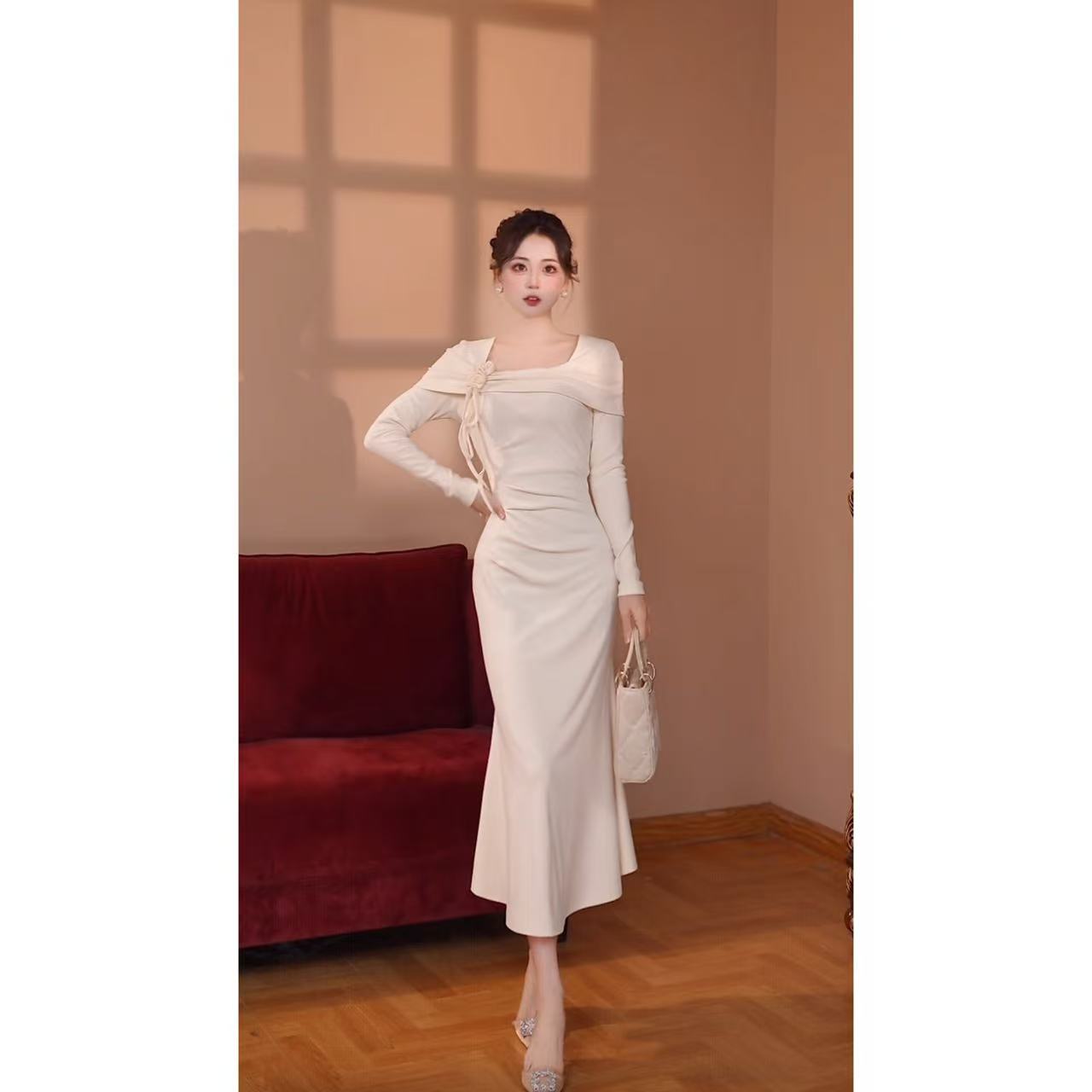 【瑞瑞定制】【无拉链】一字肩连衣裙秋冬季显瘦气质内搭长裙D4228