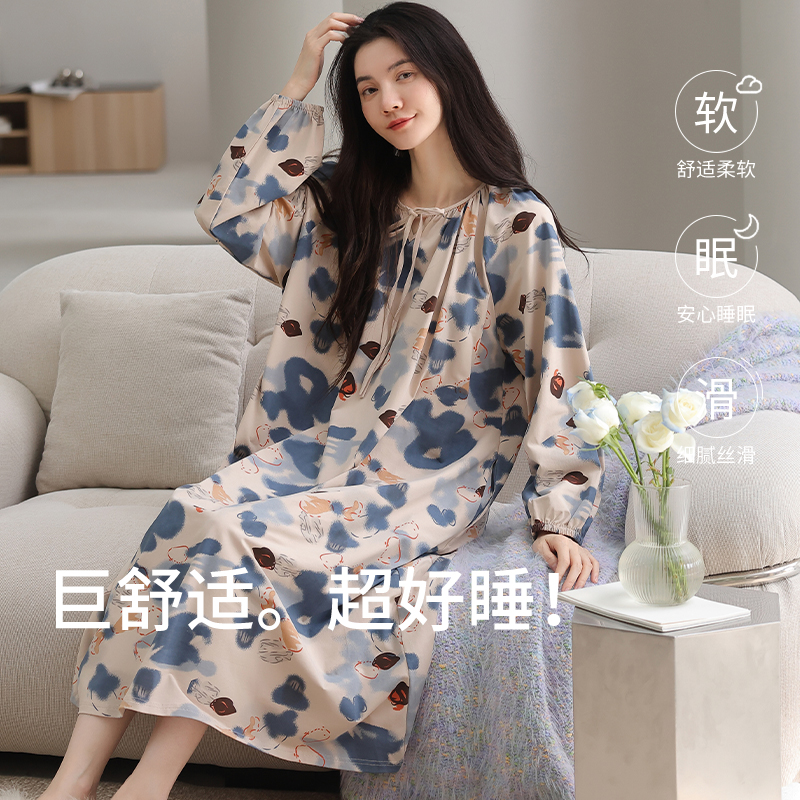美韵岛｜新疆棉纯棉长袖睡衣女秋冬圆领简约女大码长款睡裙