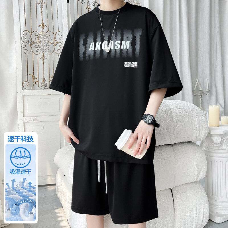 美式潮流字母短袖T恤短裤休闲套装男夏季新款宽松运动假两件套装