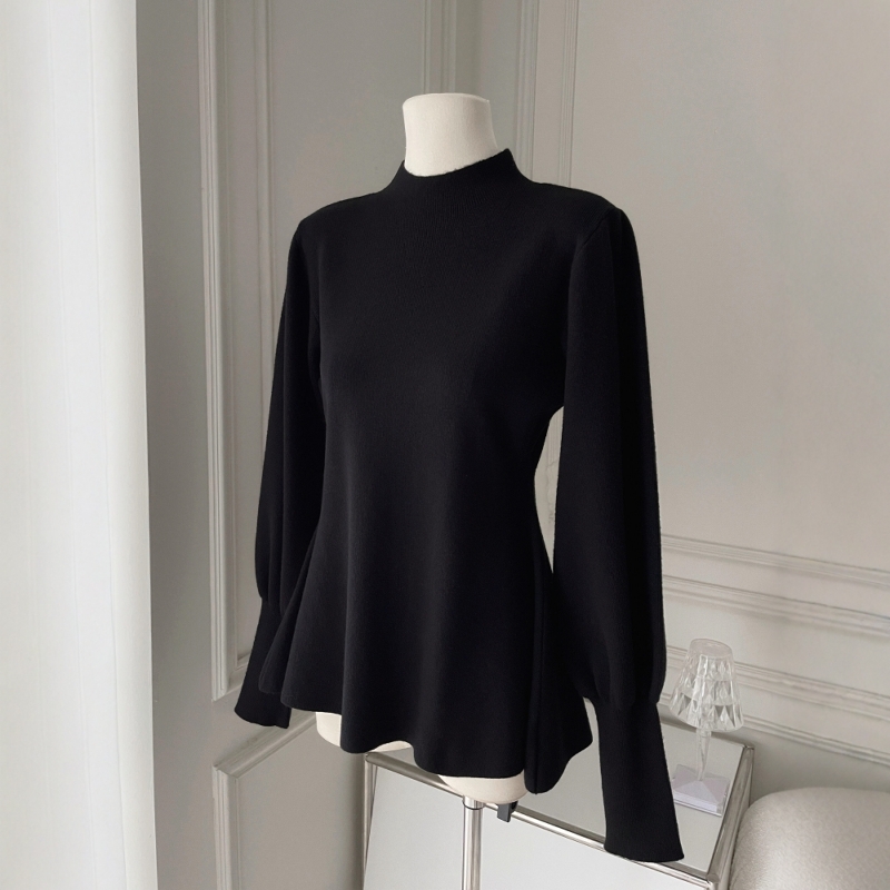 大码女装黑色半高领灯笼袖针织衫毛衣秋冬新款胖mm内搭打底衫上衣