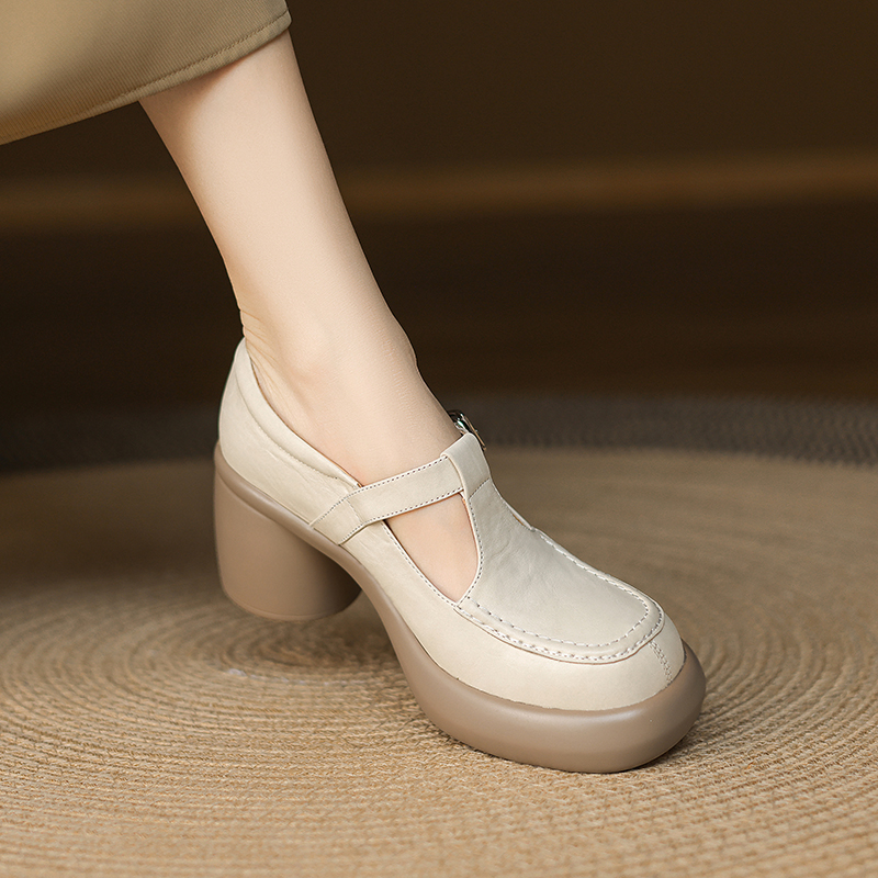 厚底高跟鞋粗跟女单鞋真皮圆头玛丽珍四季款女士小皮鞋牛皮女鞋