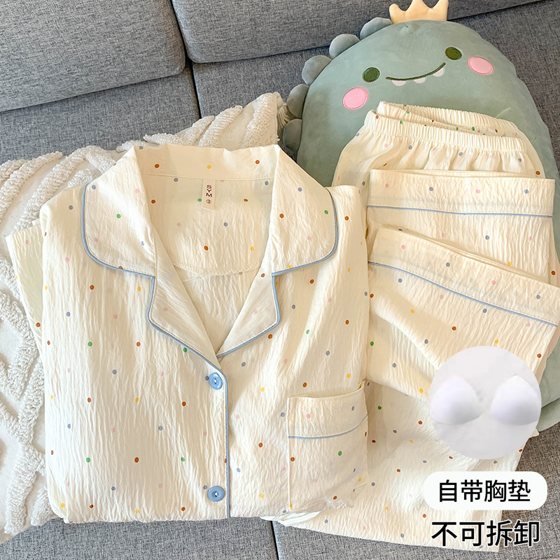 【胸垫版】长袖长裤睡衣女春秋简约波点大码宽松学生家居服两件套装
