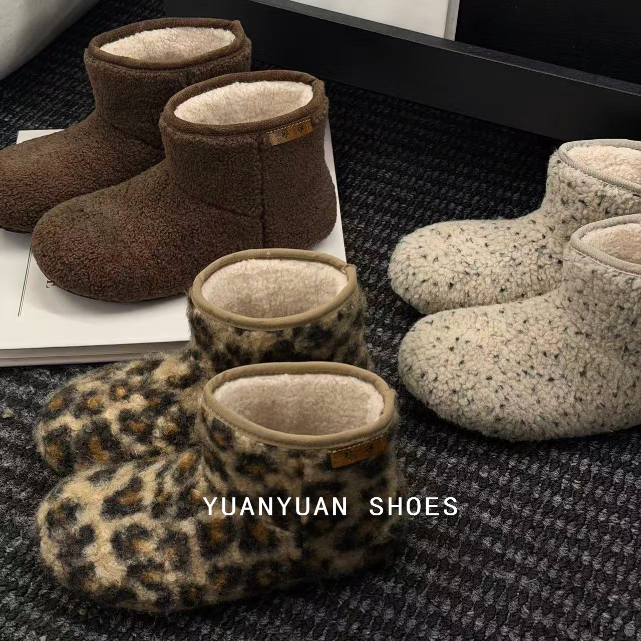 冬季保暖一脚蹬套筒平跟韩版棉鞋圆头斑点灰豹纹毛毛鞋熊掌鞋