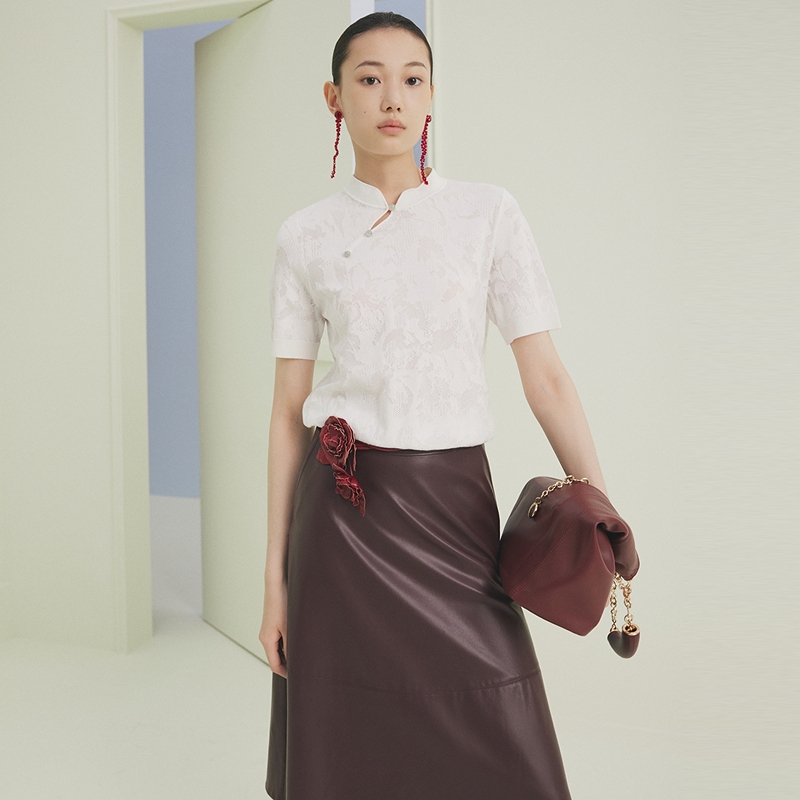 【粉丝专属】firststation新中式暗肌理提花宽松短袖针织衫女9531A