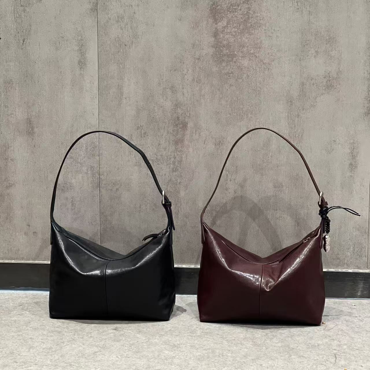 韩系极简明星同款慵懒风真皮植鞣牛皮hobo女包斜跨腋下包单肩包