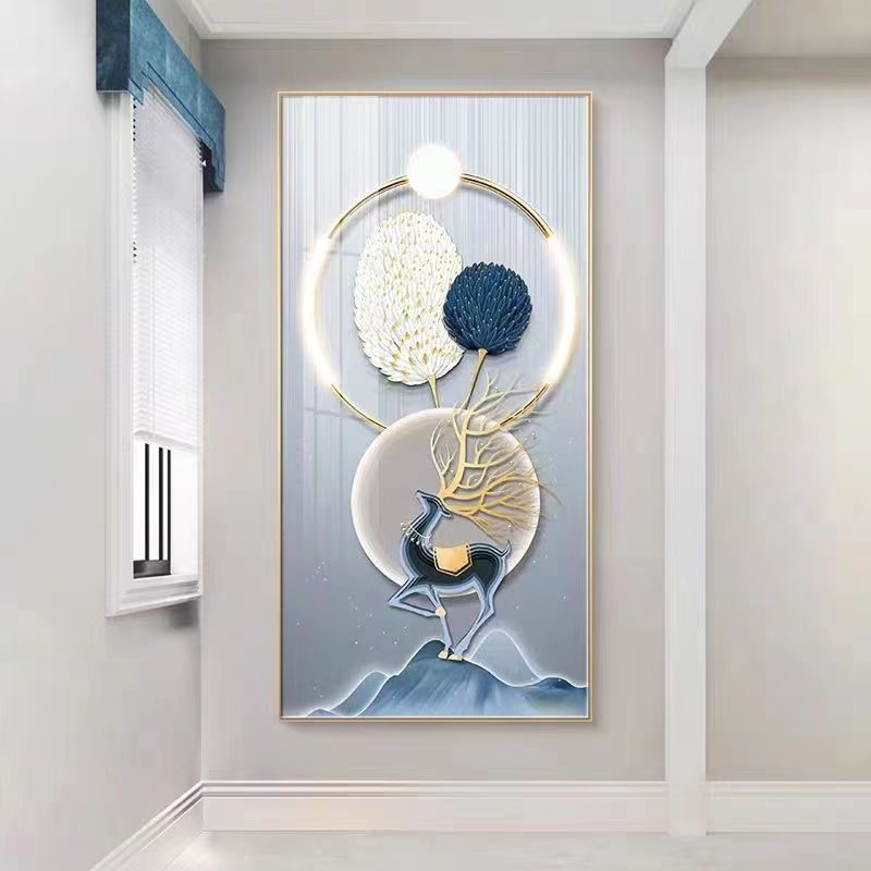 新款简约羽毛麋鹿玄关装饰画入户走廊背景墙挂画