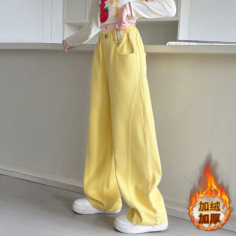 女童直筒牛仔裤秋款2025新款儿童中大童洋气阔腿裤加绒长裤秋冬季