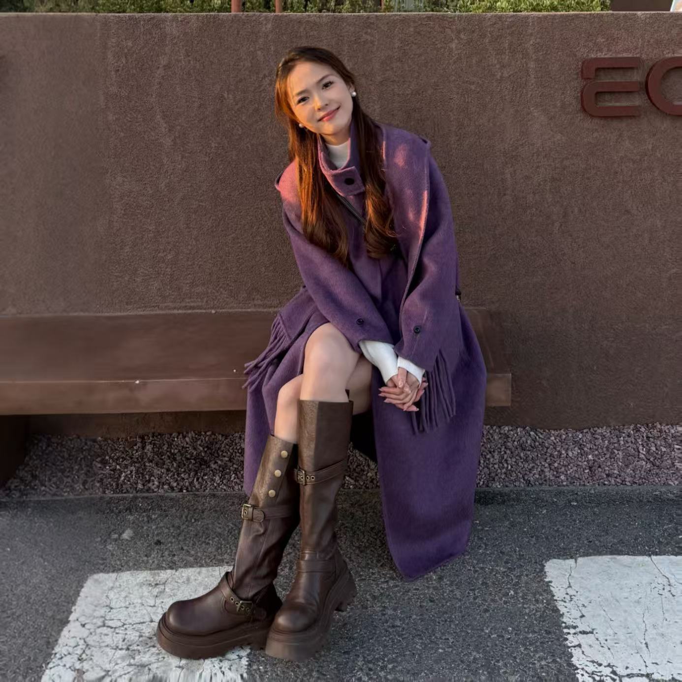 连帽围巾款慵懒感秋冬双面呢大衣外套