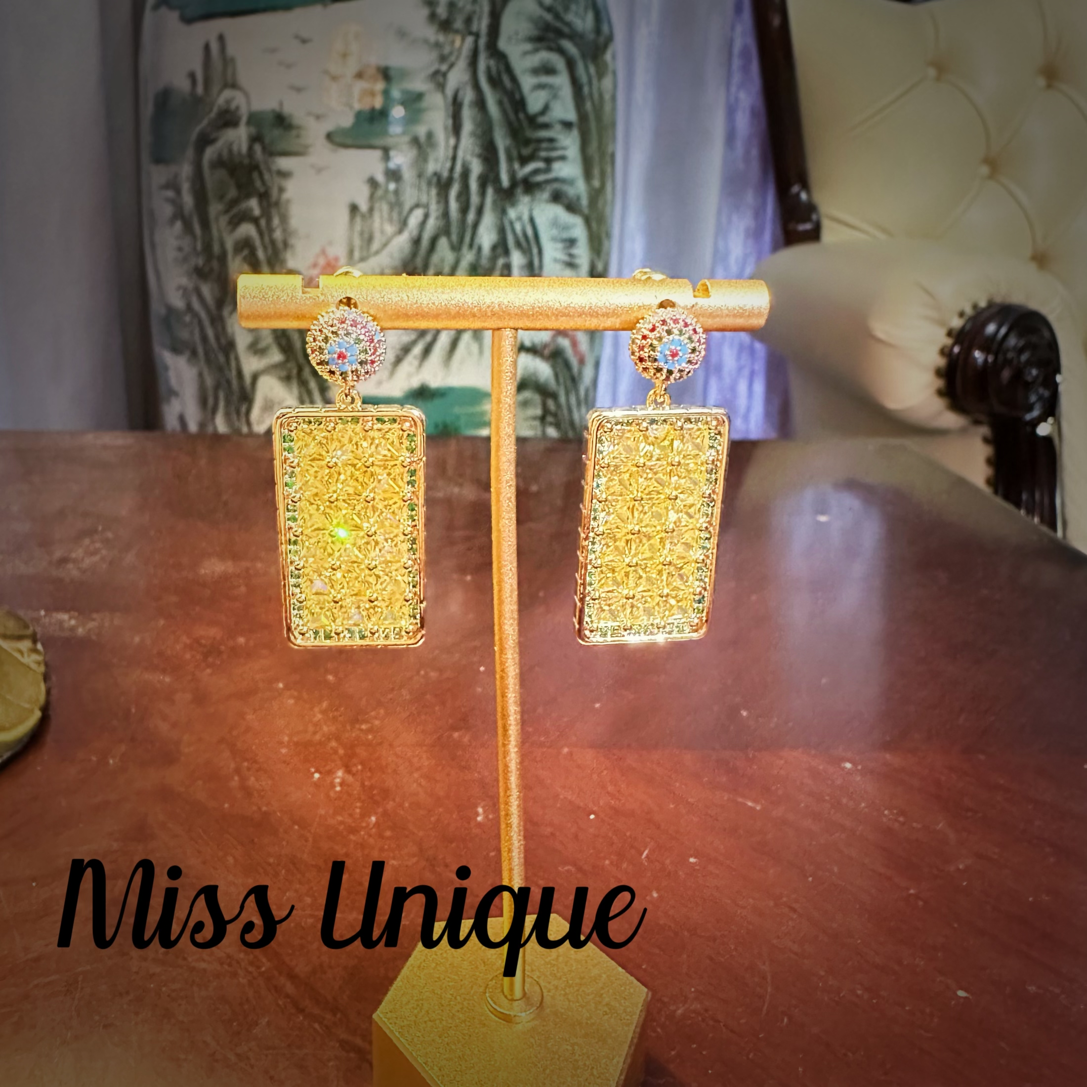 铜合金合成锆石耳饰 B1453黄色长方形牌牌耳环