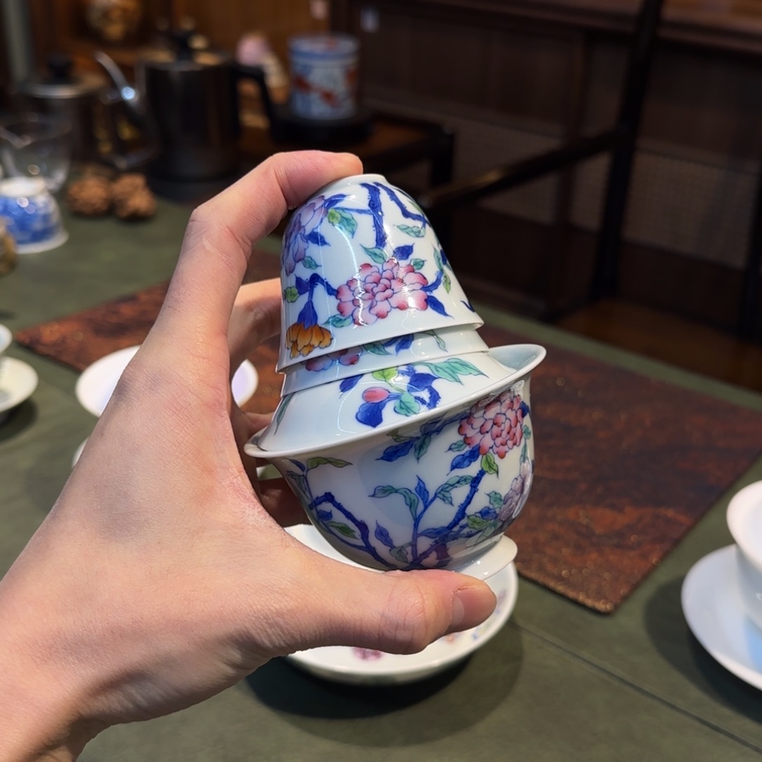 景德镇手工青花斗彩一盖碗二杯子