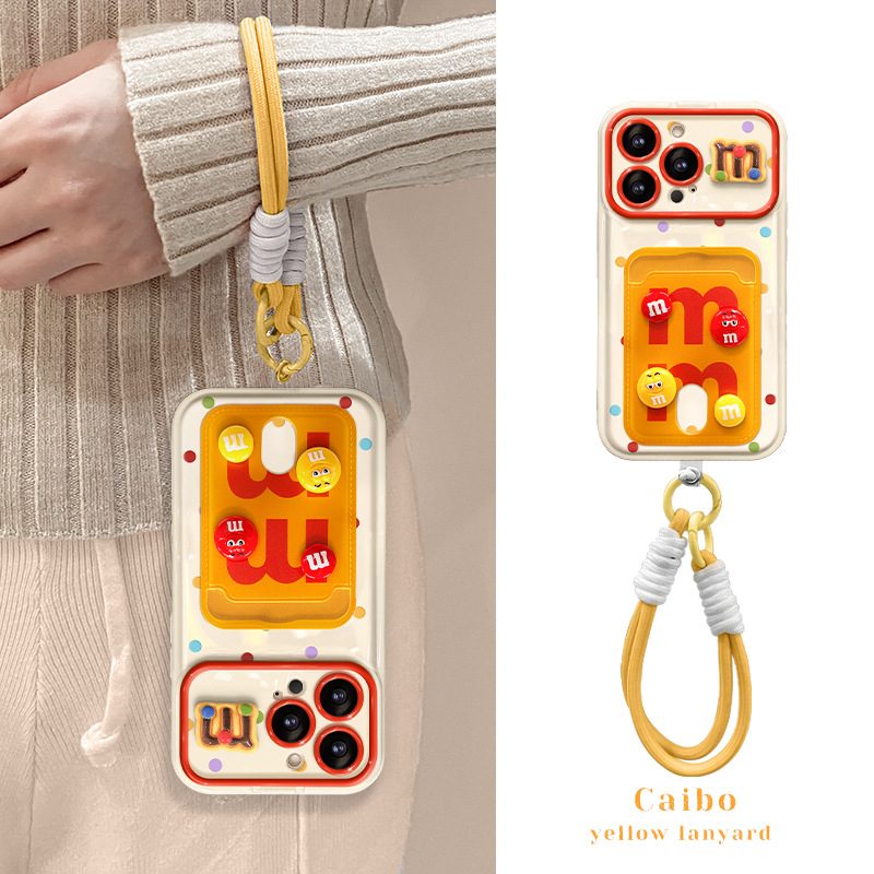 适用苹果15手机壳iPhone14pm卡通M豆公仔卡包挂绳13翻盖镜子12pro