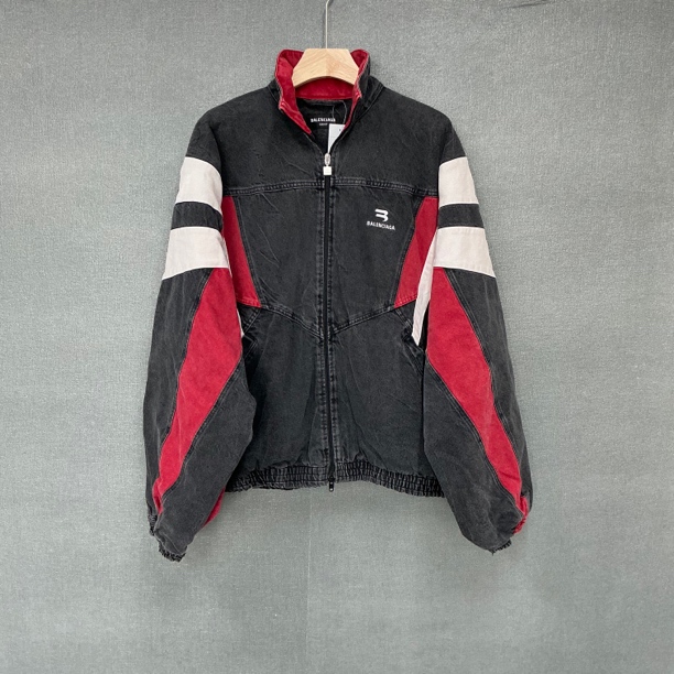 99新 Balenciaga/巴黎世家 双钩刺绣logo校服拼接牛仔夹克外套3码