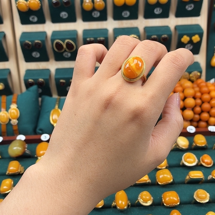 琥珀银S925镶嵌戒指