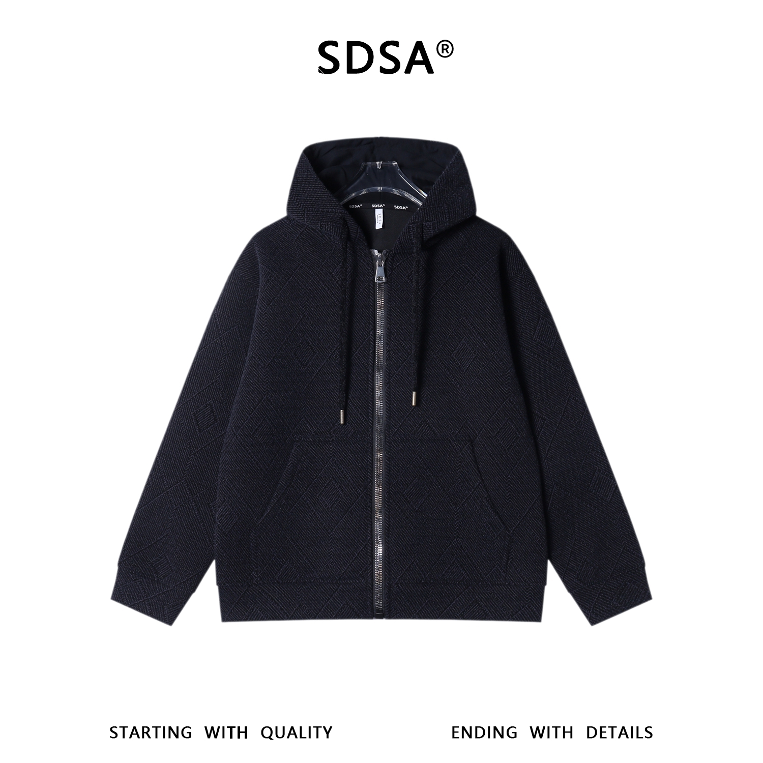 SDSA秋冬新款痞帅男装韩版提花菱形格拉链连帽卫衣百搭宽松上衣