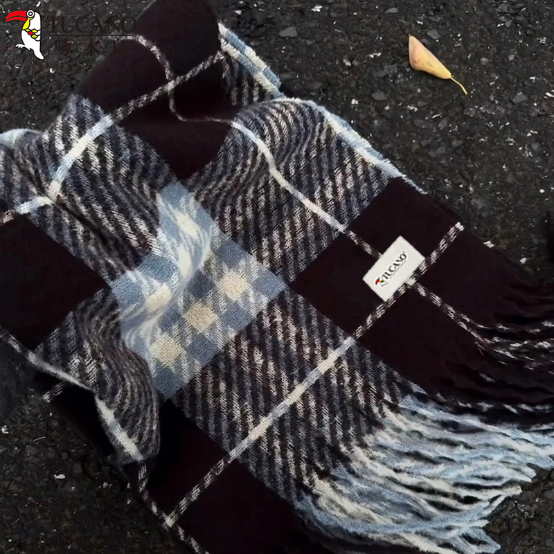 啄木鳥蓝咖色围巾轻奢高级感美拉德格子校供感冬学生情侣男女围脖