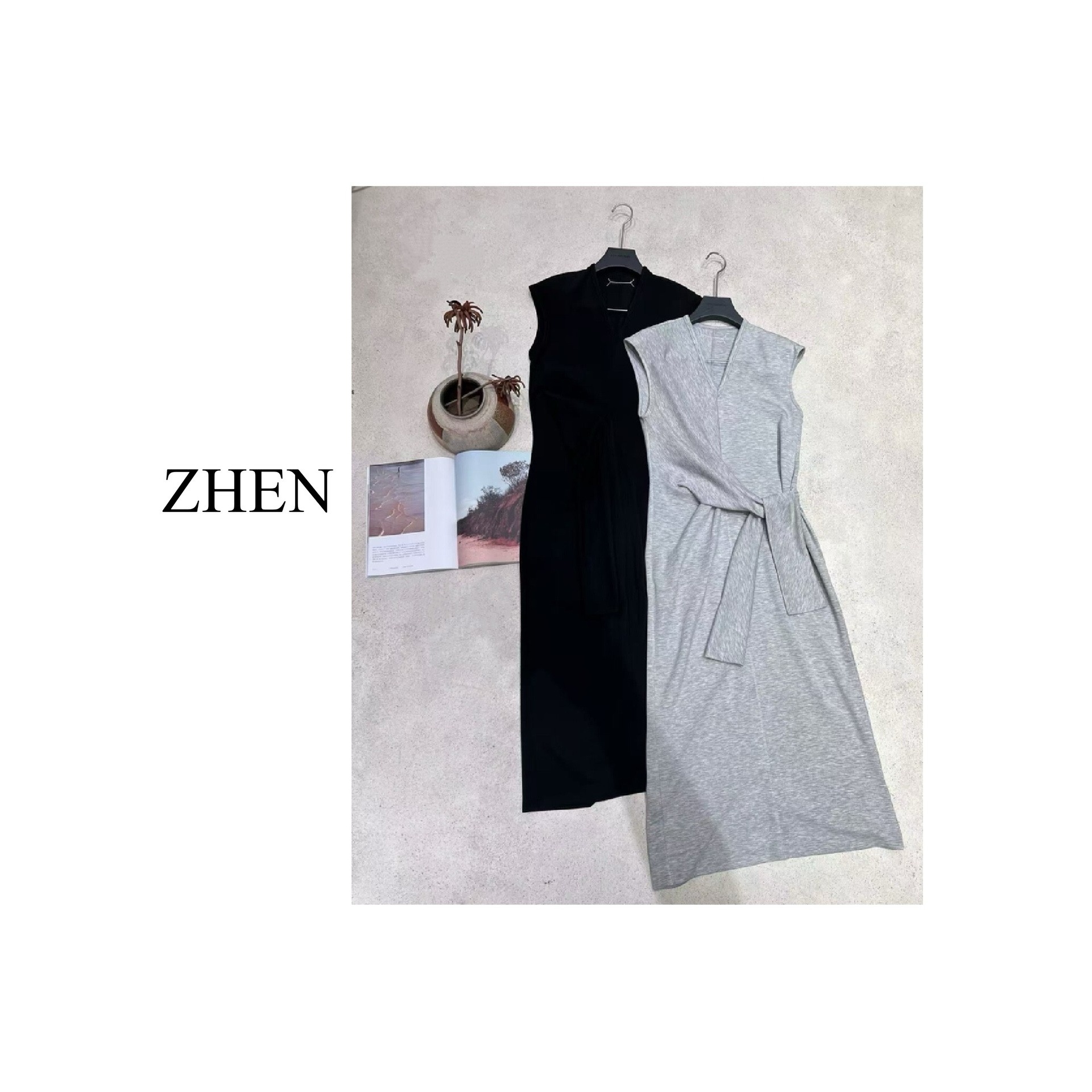 【ZHEN】25K01000 2025新款时尚气质修身显瘦设计师款连衣裙纯色女
