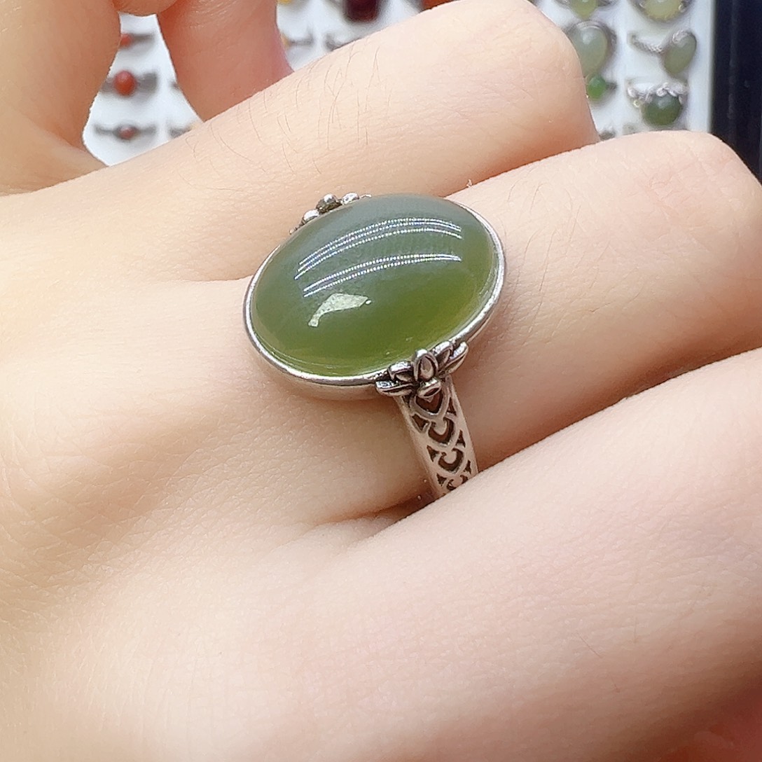 和田玉（青玉）戒指银S925镶嵌