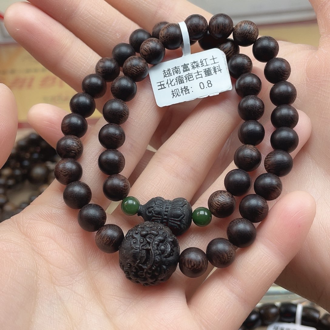 沉香手串越南富森红土玉化瘤疤古董料