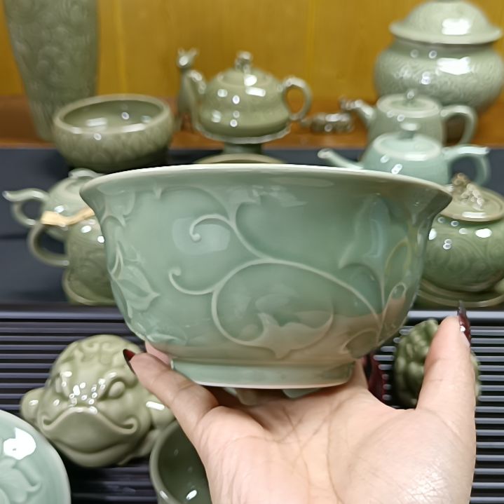 耀州窑青瓷玉兰碗微微瑕5.5寸2只