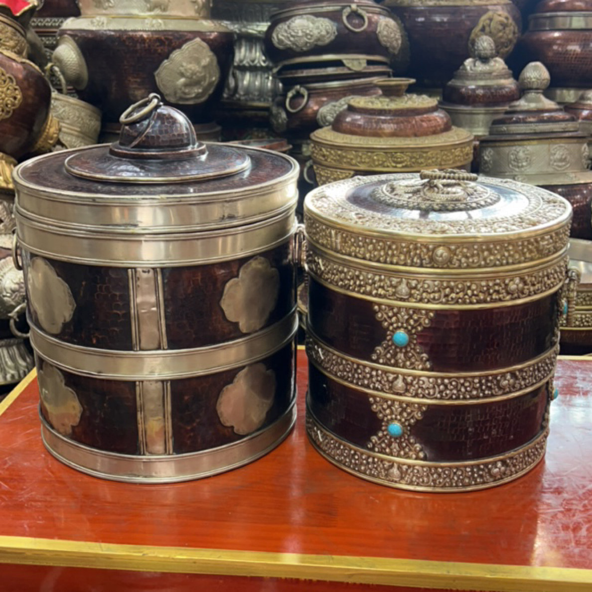 藏式纯铜手工酥油盒客厅摆件客厅双层民族风复古家用工艺品摆件