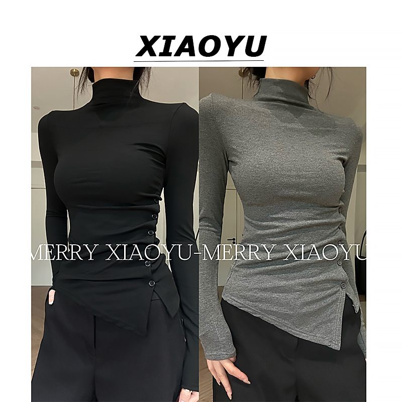 小鱼【纯色基础】辣妹小众设计感不规则半高领百搭秋冬长袖上衣