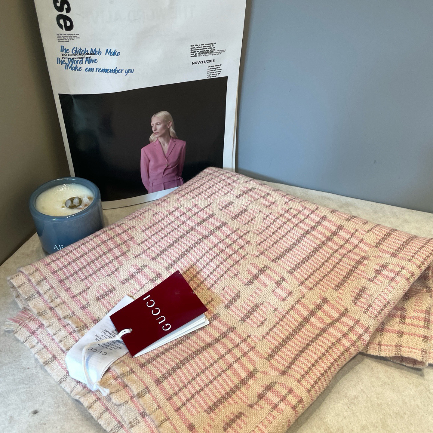 95新 GUCCI/古驰 双G格纹新色玫粉色围巾180*47