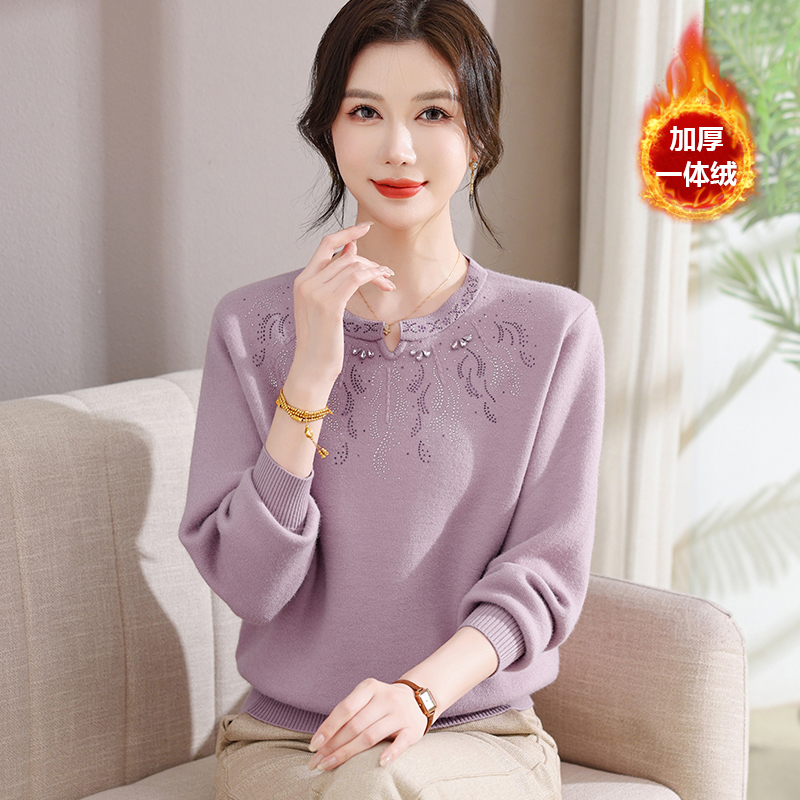妈妈气质低圆领一体绒保暖毛衣中年女减龄加绒加厚针织衫打底衫