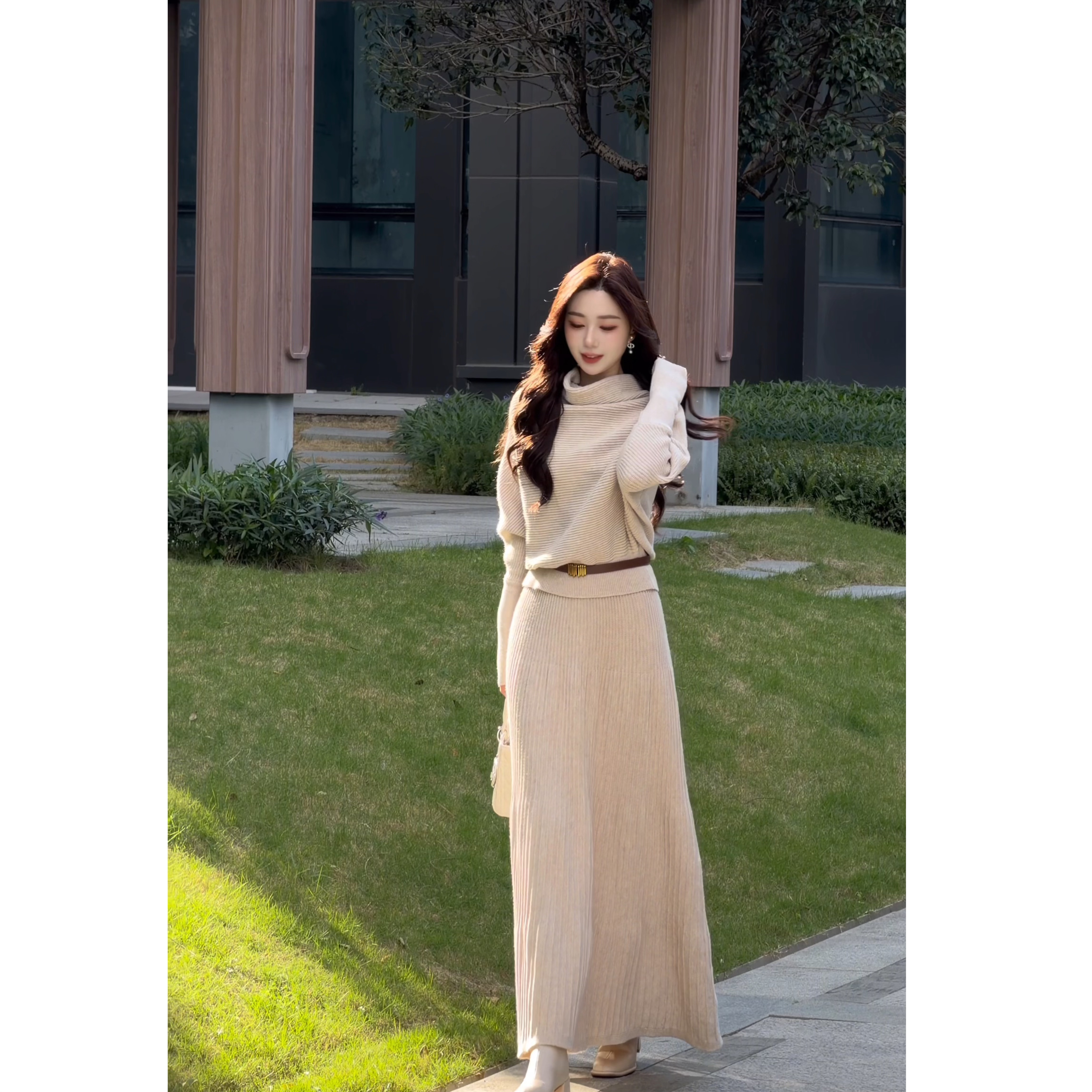 冬季时尚高级慵懒感显瘦气质针织三件套+半身裙+腰带三件套装