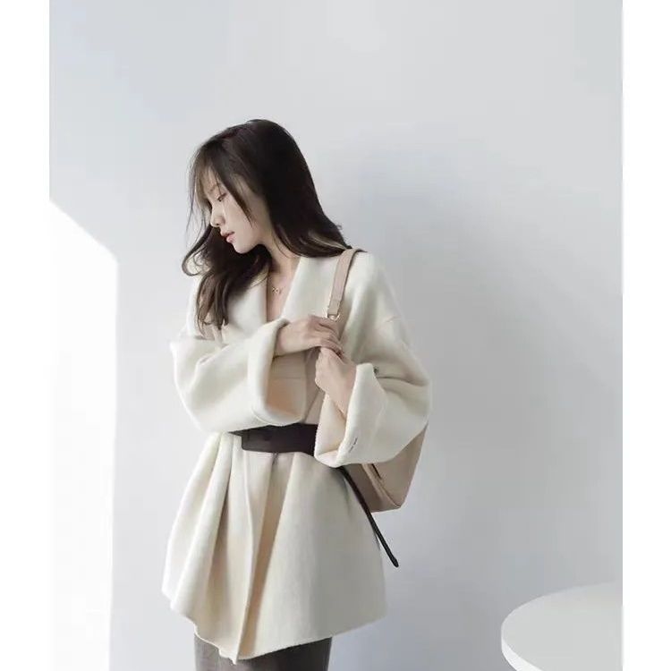 09271女小个子短款皮带高级感宽松毛呢子大衣外套