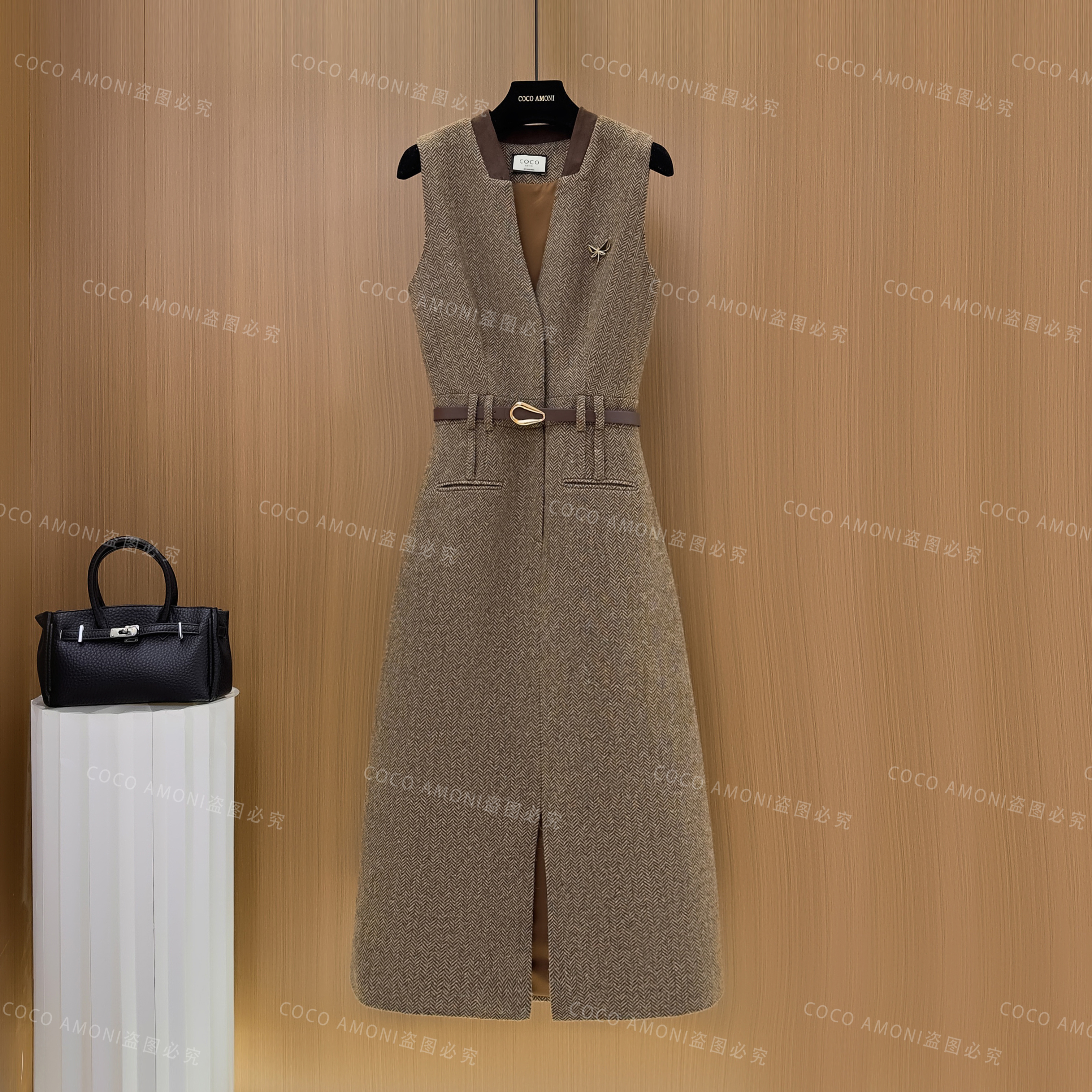 秋冬法式设计师爆款女装拼接收腰显瘦气质连衣裙WXH1058