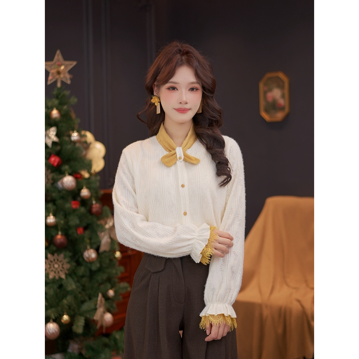 DaYuanSAD【玉麟】婉儿双层加绒衬衣上衣女秋冬内搭长袖衬衫#L14832