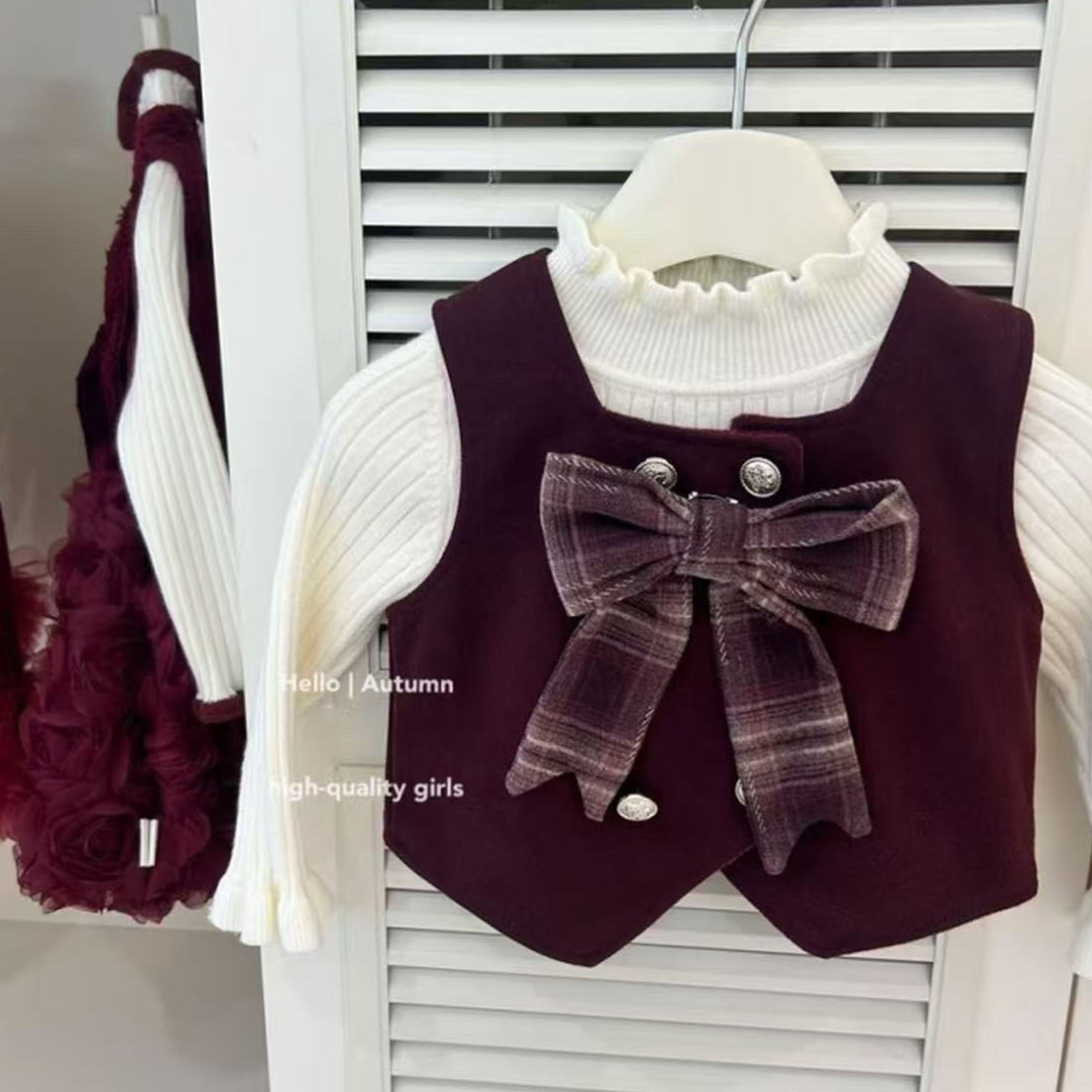 女童童装2025冬季新年新中式学院风蝴蝶结马甲半身格子裙两件套潮