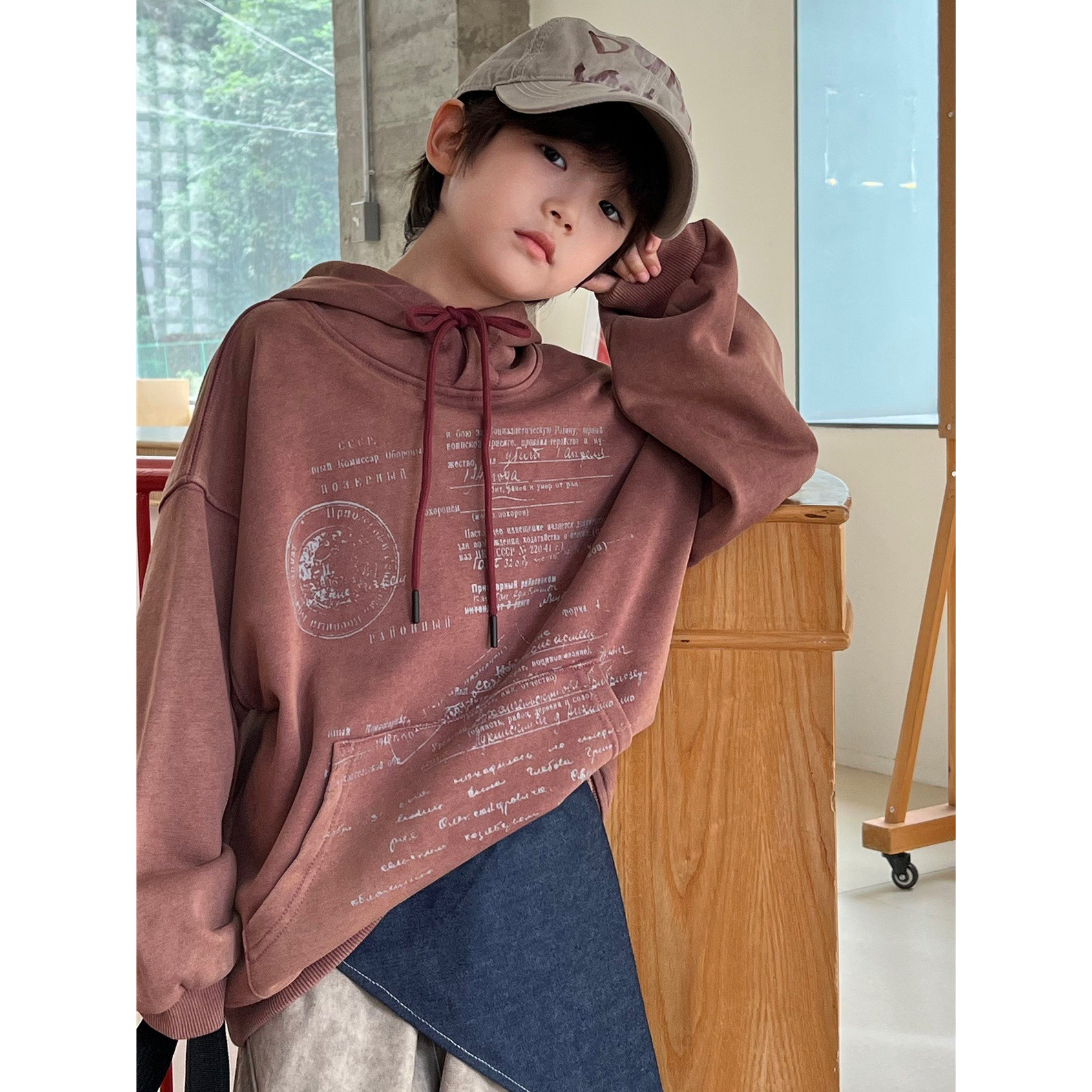 时尚休闲百搭宽松韩版潮流复古印花刺绣连帽长袖套头春秋加绒卫衣